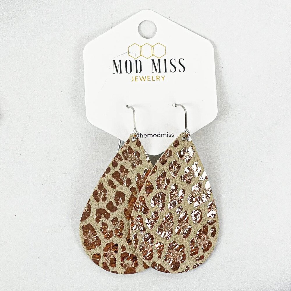 Leather Teardrop Earring "Leopard Rose Gold on Beige" - New With Tags